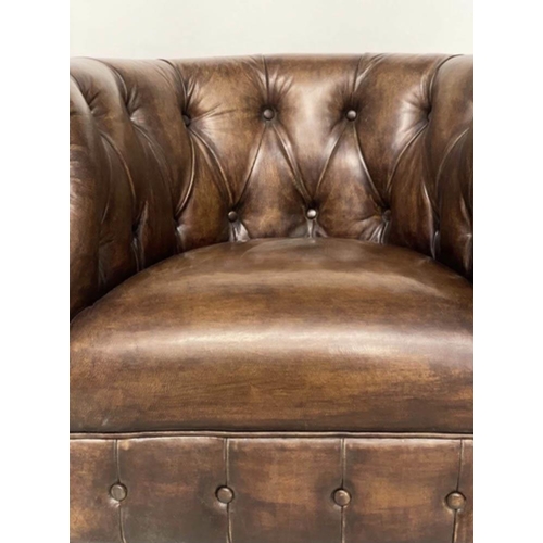 274 - LIBRARY ARMCHAIR, Alexander and James deep buttoned mid brown leather with bow back, 82cm W.