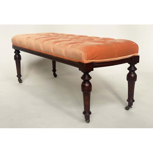 275 - WINDOW SEAT, Georgian style mahogany with buttoned apricot velvet upholstered seat and turned suppor... 