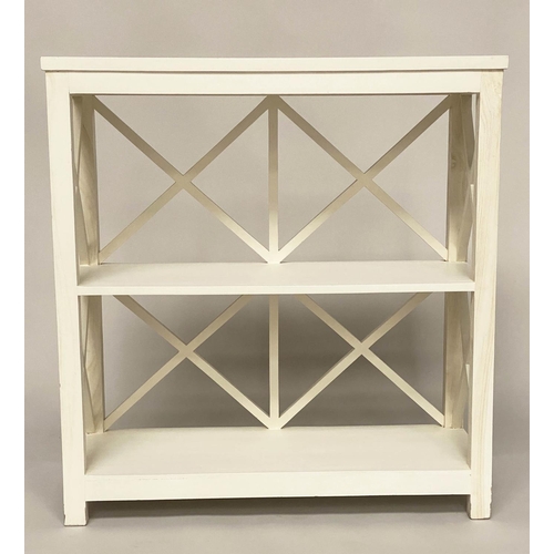 278 - OPEN BOOKCASE, Oka style white painted with two shelves and lattice framework, 85cm W x 33cm D x 90c... 