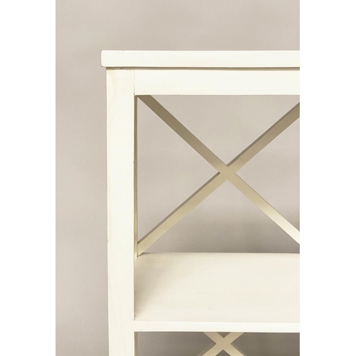 278 - OPEN BOOKCASE, Oka style white painted with two shelves and lattice framework, 85cm W x 33cm D x 90c... 