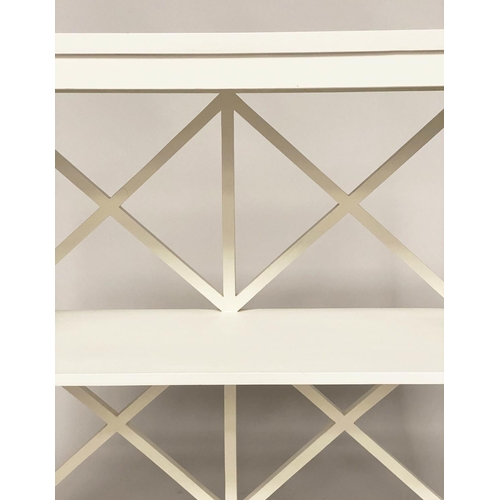 278 - OPEN BOOKCASE, Oka style white painted with two shelves and lattice framework, 85cm W x 33cm D x 90c... 