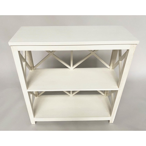 278 - OPEN BOOKCASE, Oka style white painted with two shelves and lattice framework, 85cm W x 33cm D x 90c... 