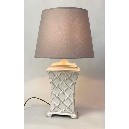 282 - TABLE LAMPS, a pair, white ceramic basket weave of waisted canister form with shades, 74cm H. (2)