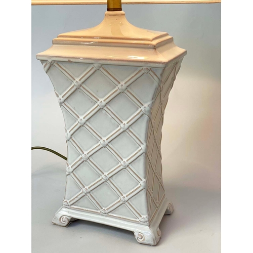 282 - TABLE LAMPS, a pair, white ceramic basket weave of waisted canister form with shades, 74cm H. (2)