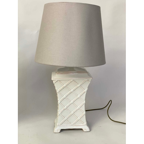 282 - TABLE LAMPS, a pair, white ceramic basket weave of waisted canister form with shades, 74cm H. (2)