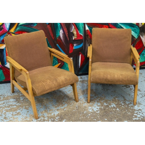 285 - METAMORPHIC BIRCHCRAFT TWO WAY CHAIRS, a pair, circa 1950 in old brown fabric converting from low ar... 