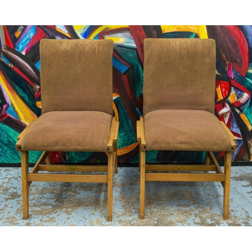 285 - METAMORPHIC BIRCHCRAFT TWO WAY CHAIRS, a pair, circa 1950 in old brown fabric converting from low ar... 