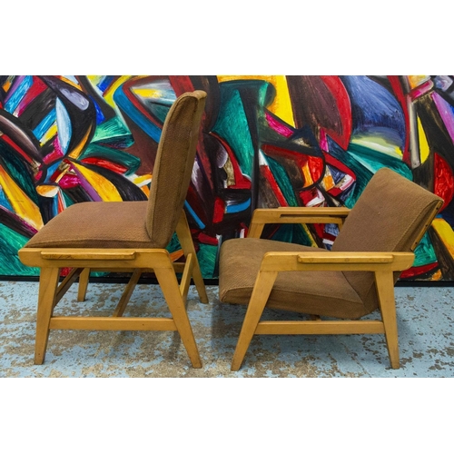 285 - METAMORPHIC BIRCHCRAFT TWO WAY CHAIRS, a pair, circa 1950 in old brown fabric converting from low ar... 