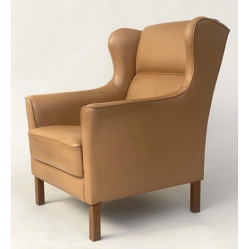 287 - WING ARMCHAIR, Danish, piped mid brown leather upholstered, with teak supports, 75cm W.