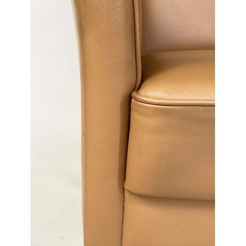 287 - WING ARMCHAIR, Danish, piped mid brown leather upholstered, with teak supports, 75cm W.