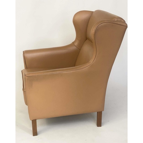 287 - WING ARMCHAIR, Danish, piped mid brown leather upholstered, with teak supports, 75cm W.