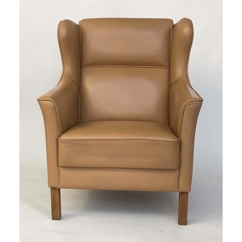 287 - WING ARMCHAIR, Danish, piped mid brown leather upholstered, with teak supports, 75cm W.