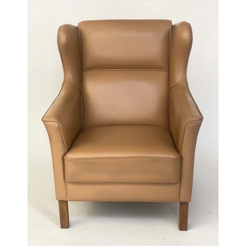 287 - WING ARMCHAIR, Danish, piped mid brown leather upholstered, with teak supports, 75cm W.