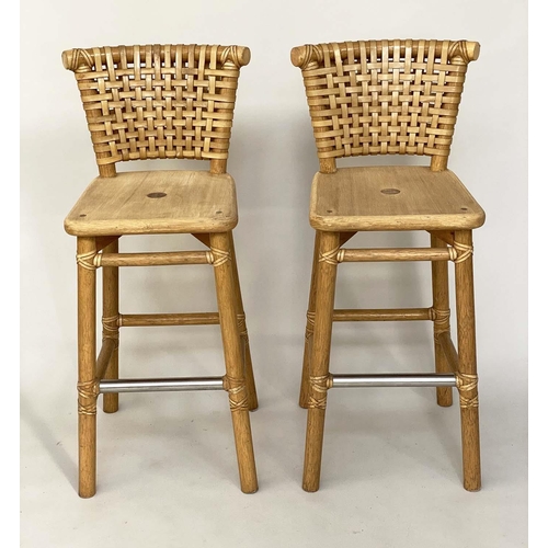 289 - BAR STOOLS, a pair, beech framed with leather woven backs, and footrest by 'McGuire', 101cm H (seat ... 