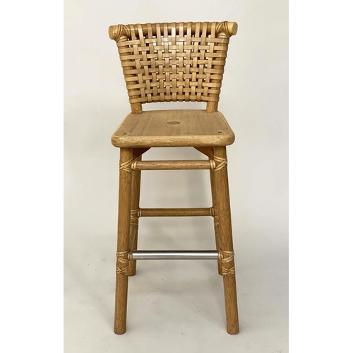 289 - BAR STOOLS, a pair, beech framed with leather woven backs, and footrest by 'McGuire', 101cm H (seat ... 