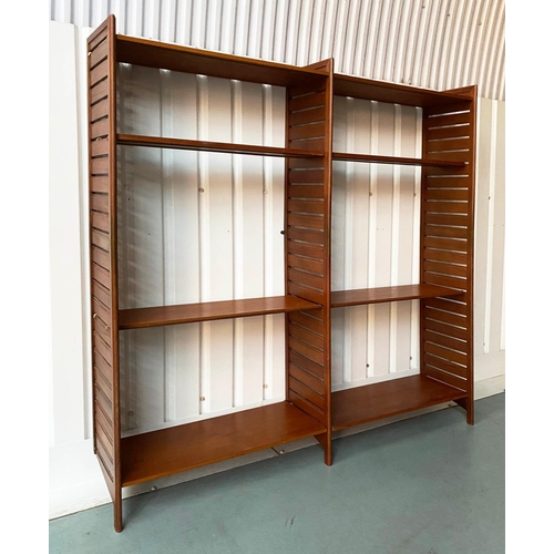 293 - LADDERAX, modular teak shelf unit comprising three uprights and nine shelves, 180cm W x 190cm H x 36... 