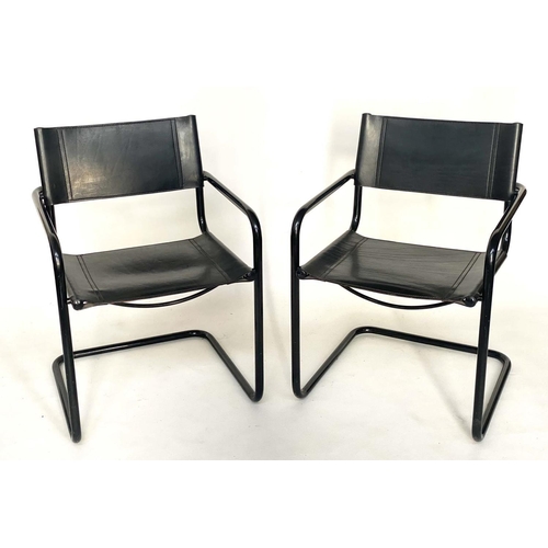 295 - ARMCHAIRS, a pair, Bauhaus design cantilever stitched thick black hide leather after a design by Mar... 