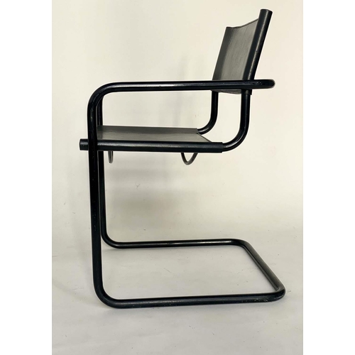 295 - ARMCHAIRS, a pair, Bauhaus design cantilever stitched thick black hide leather after a design by Mar... 