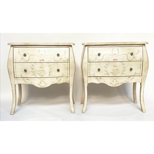 296 - BEDSIDE CHESTS, 89cm H x 79cm W x 40cm D, a pair, French grey painted of bombe form each with two dr... 