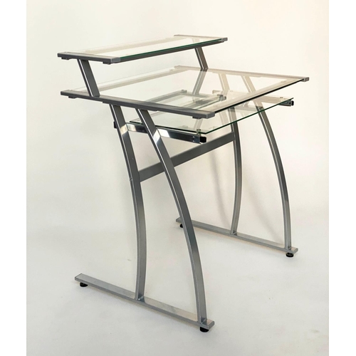 297 - WORK TABLE, two tier sliding glass on polished aluminium supports, 71cm W x 85cm H x 61cm D.