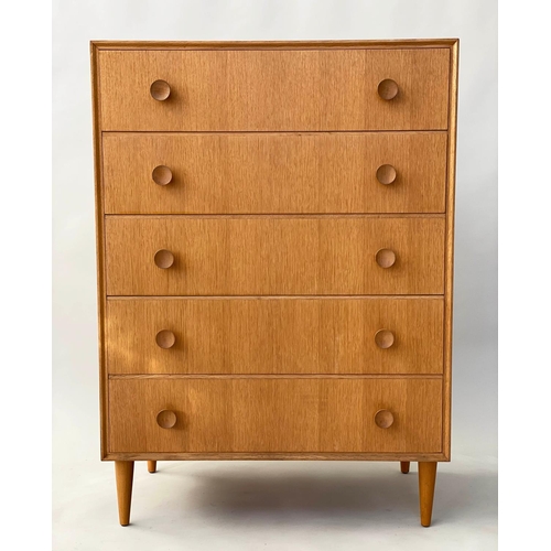 299 - MEREDEW CHEST, 1960s oak with five long drawers, 76cm W x 46cm D x 107cm H.