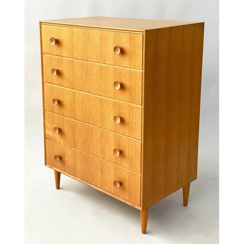 299 - MEREDEW CHEST, 1960s oak with five long drawers, 76cm W x 46cm D x 107cm H.