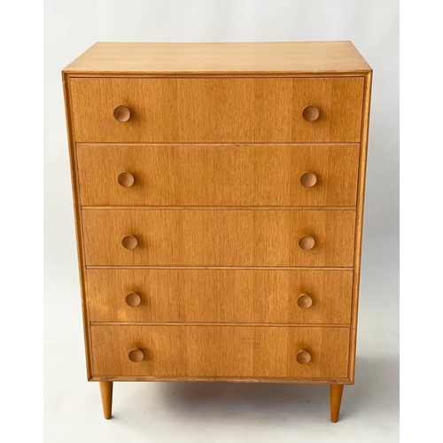 299 - MEREDEW CHEST, 1960s oak with five long drawers, 76cm W x 46cm D x 107cm H.