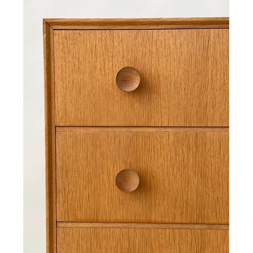 299 - MEREDEW CHEST, 1960s oak with five long drawers, 76cm W x 46cm D x 107cm H.