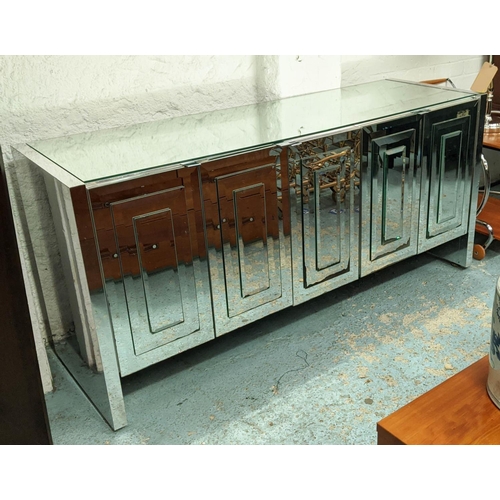 305 - SIDEBOARD, 162cm x 51cm x 76cm, mirrored and polished metal, two compartments, one with drawers, oth... 