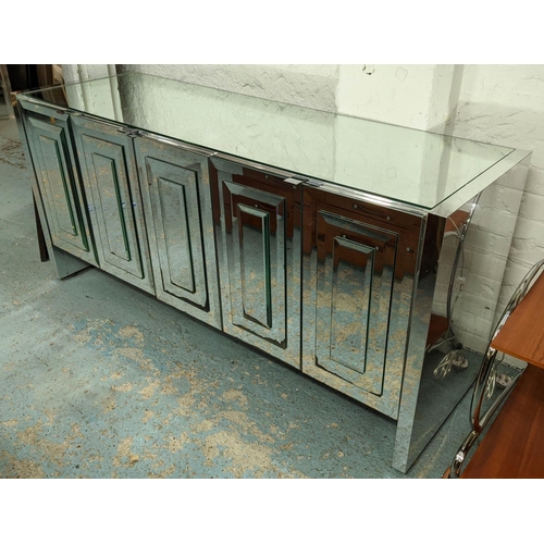 305 - SIDEBOARD, 162cm x 51cm x 76cm, mirrored and polished metal, two compartments, one with drawers, oth... 