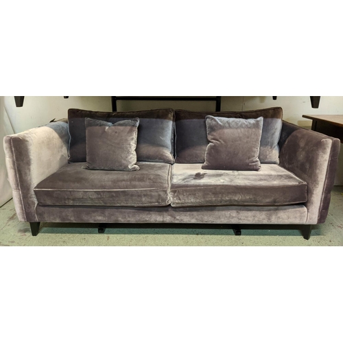 312 - BESPOKE SOFA LONDON, purple velvet upholstered, 71cm H x 210 W x 90cm D.