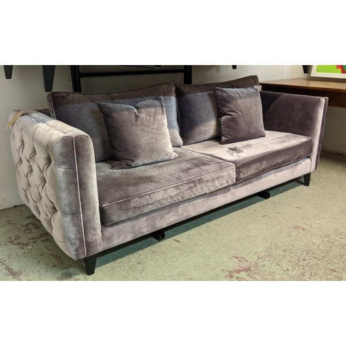 312 - BESPOKE SOFA LONDON, purple velvet upholstered, 71cm H x 210 W x 90cm D.