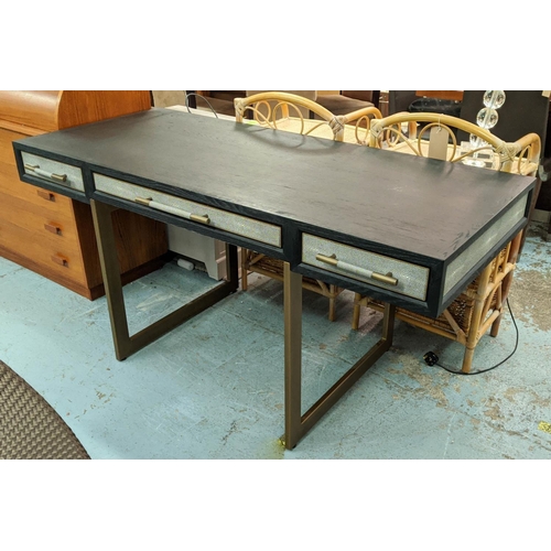 314 - DESK, 160cm x 74cm x 79cm, with three drawers, faux shagreen detail, gilt metal base.