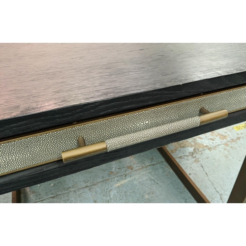 314 - DESK, 160cm x 74cm x 79cm, with three drawers, faux shagreen detail, gilt metal base.