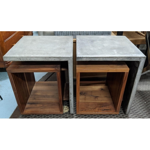 317 - SIDE TABLES, a pair, each 45cm W x 45cm D x 55cm H, concrete and wood. (2)