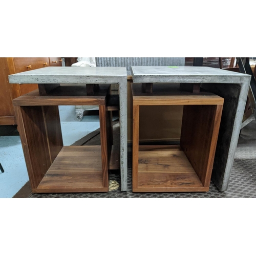 317 - SIDE TABLES, a pair, each 45cm W x 45cm D x 55cm H, concrete and wood. (2)