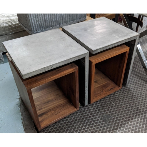 317 - SIDE TABLES, a pair, each 45cm W x 45cm D x 55cm H, concrete and wood. (2)