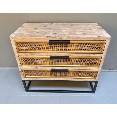 320 - CHEST OF DRAWERS, 69cm H x 80cm W x 41cm D, 1960s Danish style, three drawers, rattan detail.