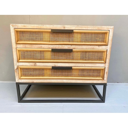 320 - CHEST OF DRAWERS, 69cm H x 80cm W x 41cm D, 1960s Danish style, three drawers, rattan detail.