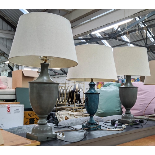 330 - URN SHAPED TABLE LAMPS, a pair, 80cm H including shades and one smaller blue lamp 68cm H. (3)