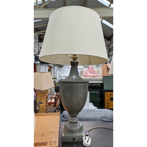 330 - URN SHAPED TABLE LAMPS, a pair, 80cm H including shades and one smaller blue lamp 68cm H. (3)