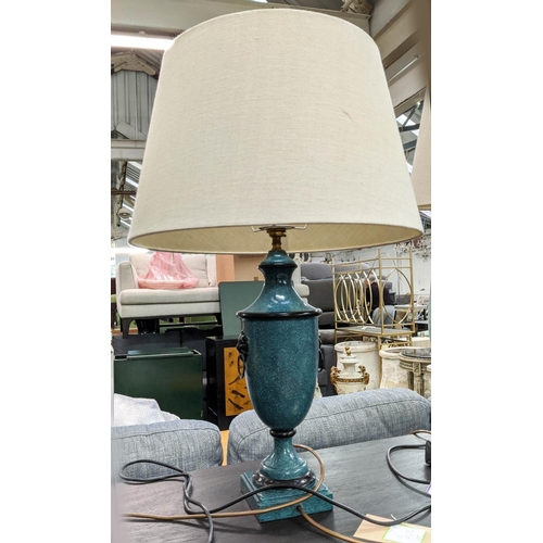 330 - URN SHAPED TABLE LAMPS, a pair, 80cm H including shades and one smaller blue lamp 68cm H. (3)