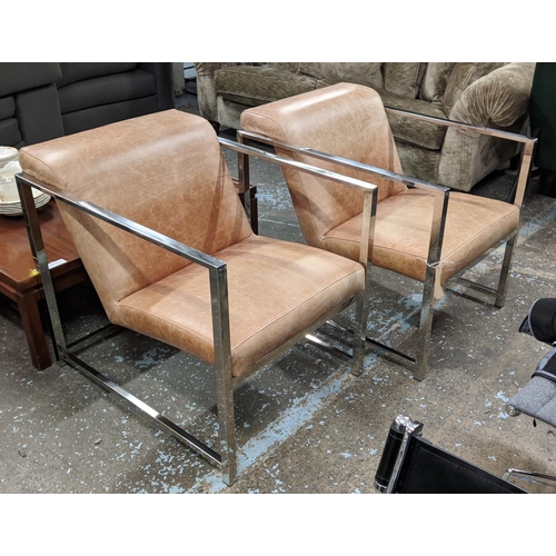 331 - ARMCHAIRS, a pair, 66cm W, brown leather and metal. (2)