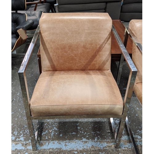 331 - ARMCHAIRS, a pair, 66cm W, brown leather and metal. (2)