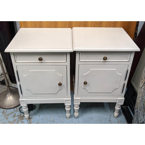 333 - NIGHSTANDS, a pair, 38cm x 35cm x 61cm, grey painted each with drawer and cabinet. (2)