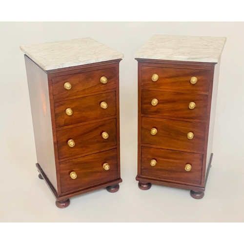 276 - PIER CHESTS, a pair Victorian figured mahogany each with four drawers and Carrara marble tops, 40cm ... 