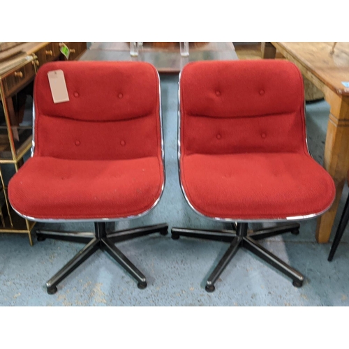 355 - SWIVEL LOUNGE CHAIRS, a pair, 80cm H, vintage 20th century, red fabric upholstered. (2)