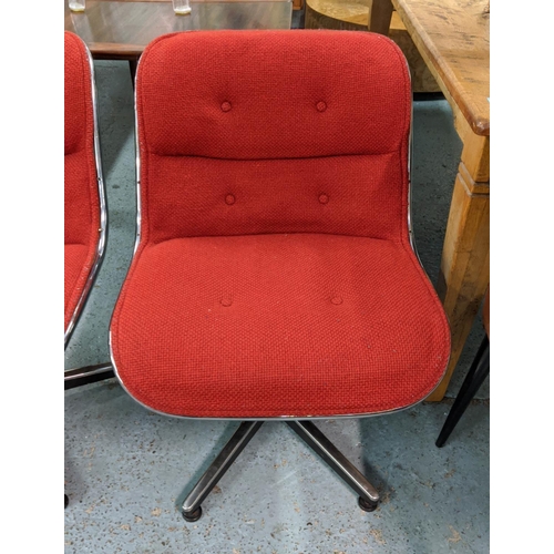 355 - SWIVEL LOUNGE CHAIRS, a pair, 80cm H, vintage 20th century, red fabric upholstered. (2)