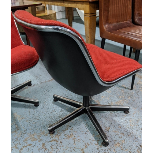 355 - SWIVEL LOUNGE CHAIRS, a pair, 80cm H, vintage 20th century, red fabric upholstered. (2)