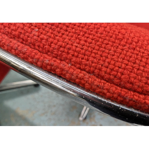 355 - SWIVEL LOUNGE CHAIRS, a pair, 80cm H, vintage 20th century, red fabric upholstered. (2)